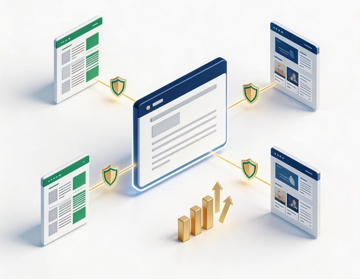 Isometric illustration showing authoritative backlinks improving website credibility and search visibility without text