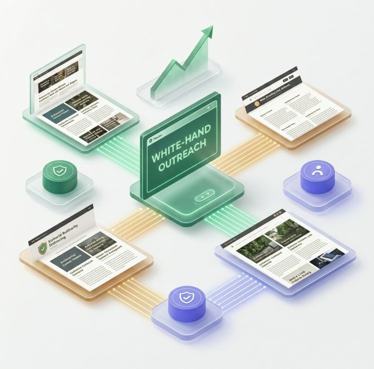 Isometric illustration showing white-hat blogger outreach with high-authority backlinks and trusted website connections