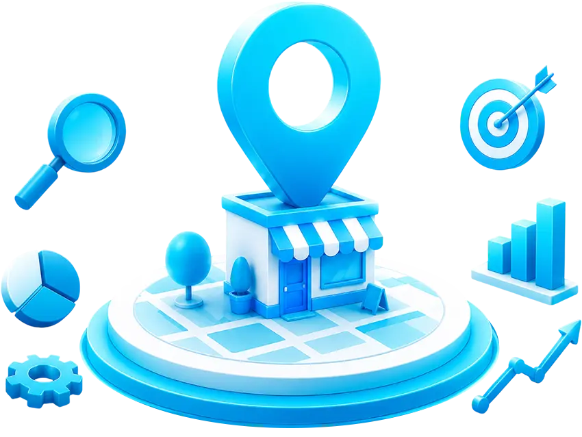 3D illustration of local SEO with a business location pin, storefront, analytics chart, search icon, marketing target, and growth metrics