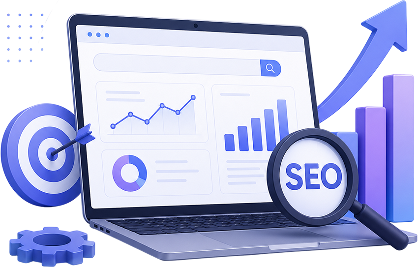 SEO optimization dashboard with search analytics, keyword tracking, traffic growth, higher rankings, and website performance improvement