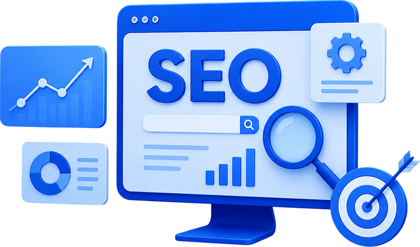 SEO optimization dashboard with keyword analysis, website analytics, search rankings, organic traffic growth, and performance tracking