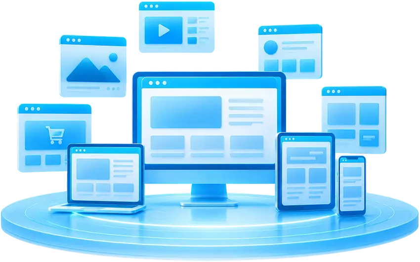 Responsive website design displayed across desktop, laptop, tablet, and smartphone with multiple webpage layouts for modern web development.