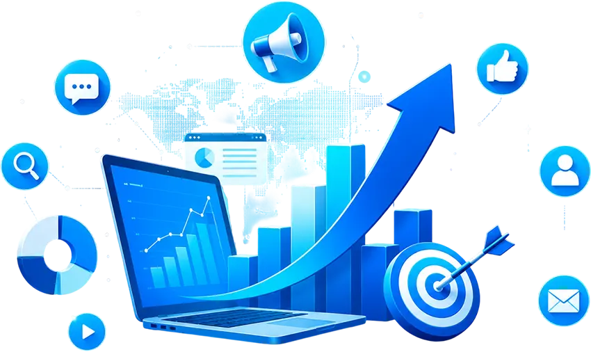 Digital marketing and SEO strategy illustration with website analytics, traffic growth, content marketing, social media, lead generation, and business growth