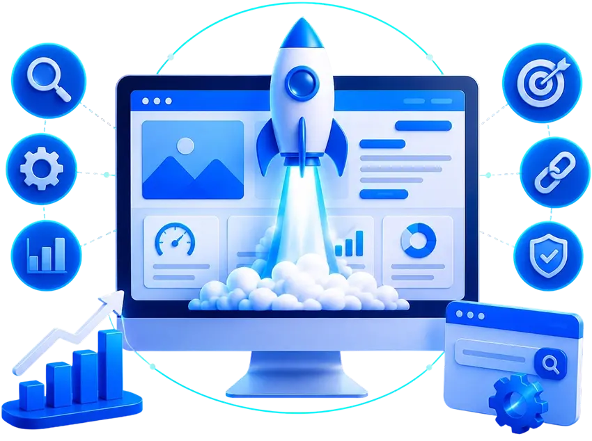 Website SEO optimization illustration featuring a rocket launch, analytics dashboard, search optimization, backlinks, website security, and performance growth.