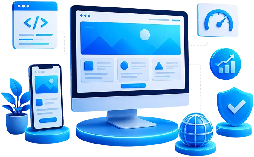Responsive website design illustration featuring desktop and mobile interfaces, website development, SEO optimization, security, and performance analytics.